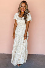 Load image into Gallery viewer, White floral frilly shirred bodice tiered maxi dress

