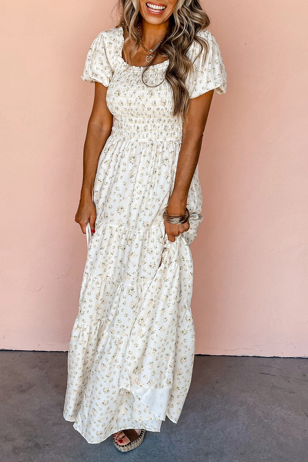 White floral frilly shirred bodice tiered maxi dress
