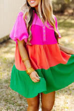 Load image into Gallery viewer, Multicolor color block tiered puff sleeve dress
