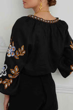 Load image into Gallery viewer, Black bohemian floral embroidered v neck blouse.
