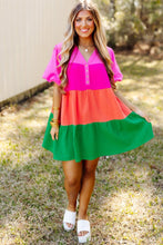 Load image into Gallery viewer, Multicolor color block tiered puff sleeve dress
