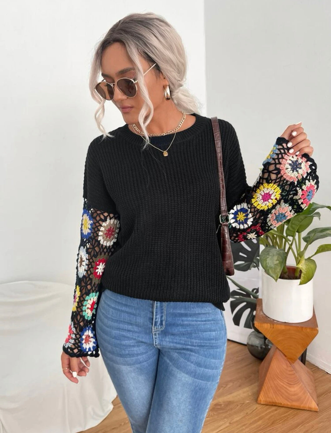 Black sweater with multicolor floral wide sleeves