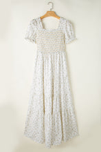 Load image into Gallery viewer, White floral frilly shirred bodice tiered maxi dress
