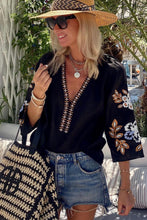 Load image into Gallery viewer, Black bohemian floral embroidered v neck blouse.
