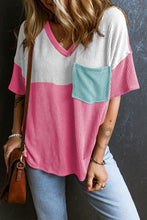 Load image into Gallery viewer, Pink colorblock blue pocket patch corded v neck
