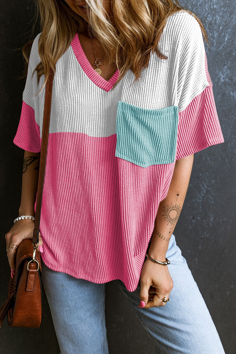 Pink colorblock blue pocket patch corded v neck