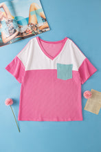 Load image into Gallery viewer, Pink colorblock blue pocket patch corded v neck
