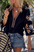 Load image into Gallery viewer, Black bohemian floral embroidered v neck blouse.
