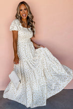 Load image into Gallery viewer, White floral frilly shirred bodice tiered maxi dress

