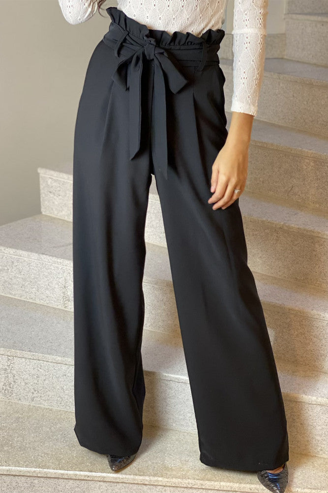 Black frilled high waisted wide leg pants