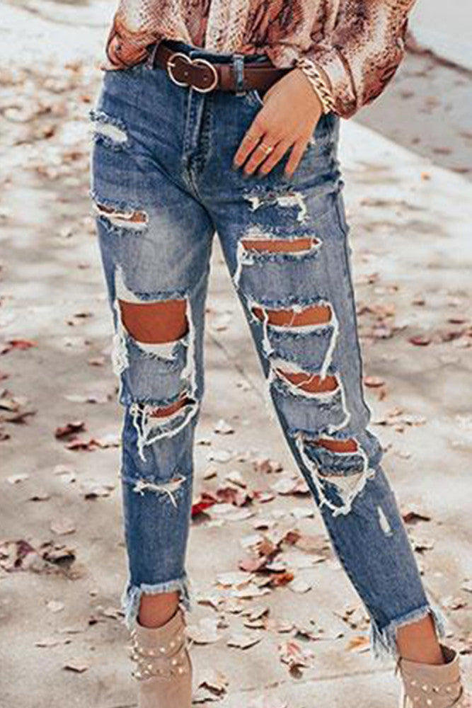 High waisted distressed jeans