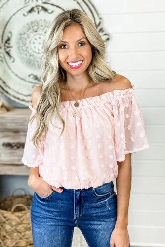 Pink off the shoulder Swiss dot crop top