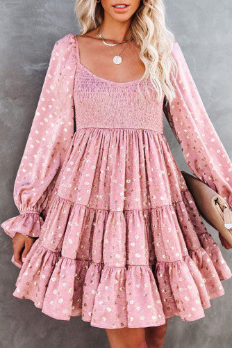 Pink foil print Smocked Bodice layered mini dress