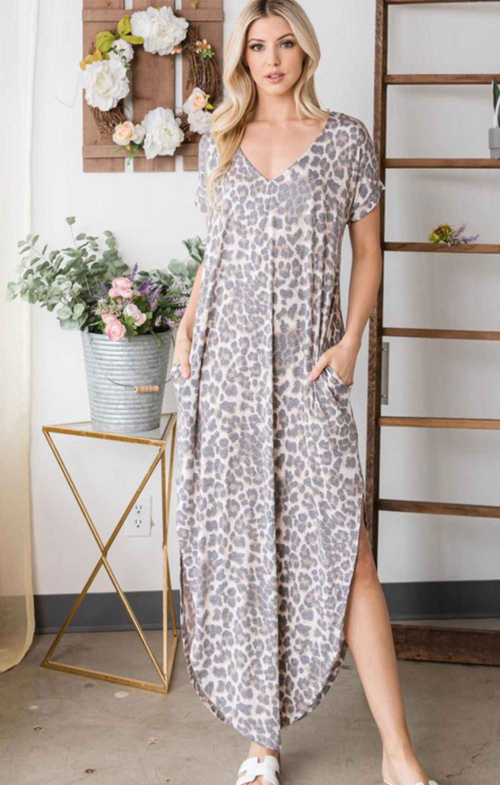 Leopard Print V Neck Maxi Dress