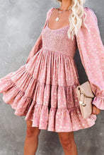 Load image into Gallery viewer, Pink foil print Smocked Bodice layered mini dress
