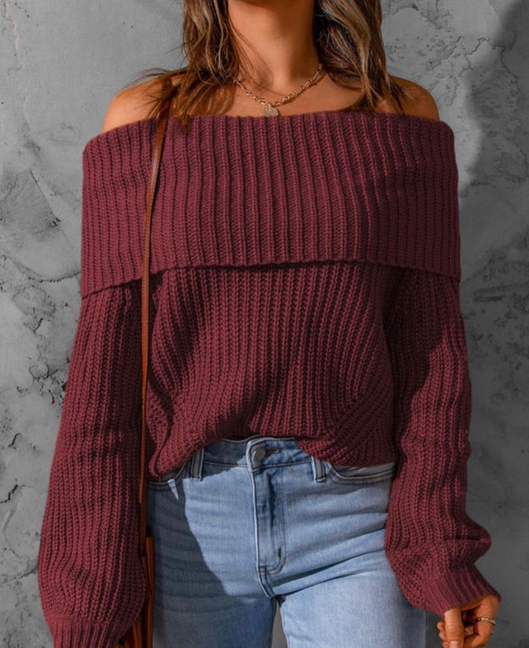 Maroon ribbed off shoulder sweater