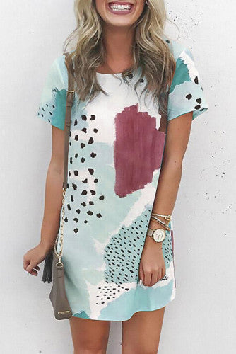 Teal leopard splicing T-shirt mini dress