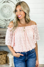 Load image into Gallery viewer, Pink off the shoulder Swiss dot crop top
