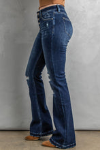 Load image into Gallery viewer, Dark wash distressed flare bottom jeans
