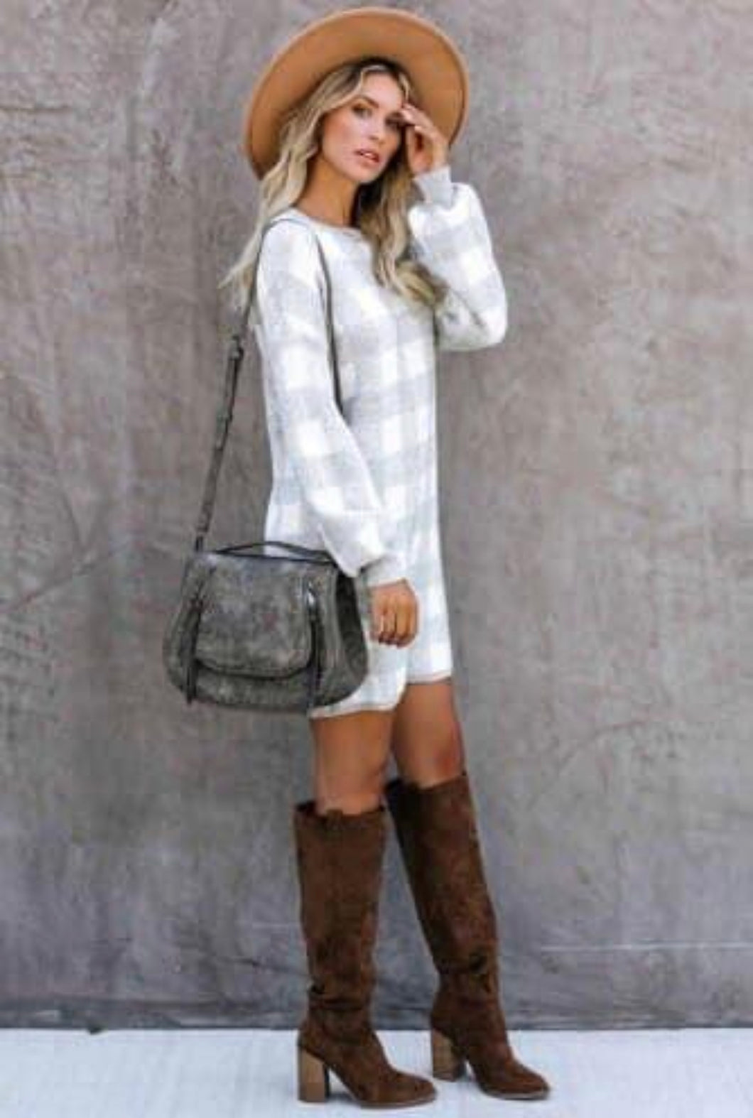 White and Grey plaid sweater dress