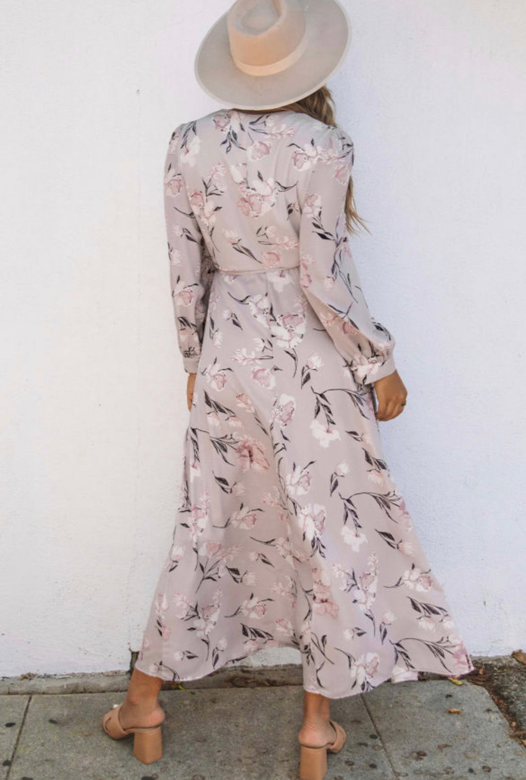 Dusty purple floral maxi wrap dress.