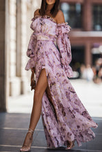 Load image into Gallery viewer, Purple floral off the shoulder maxi dress

