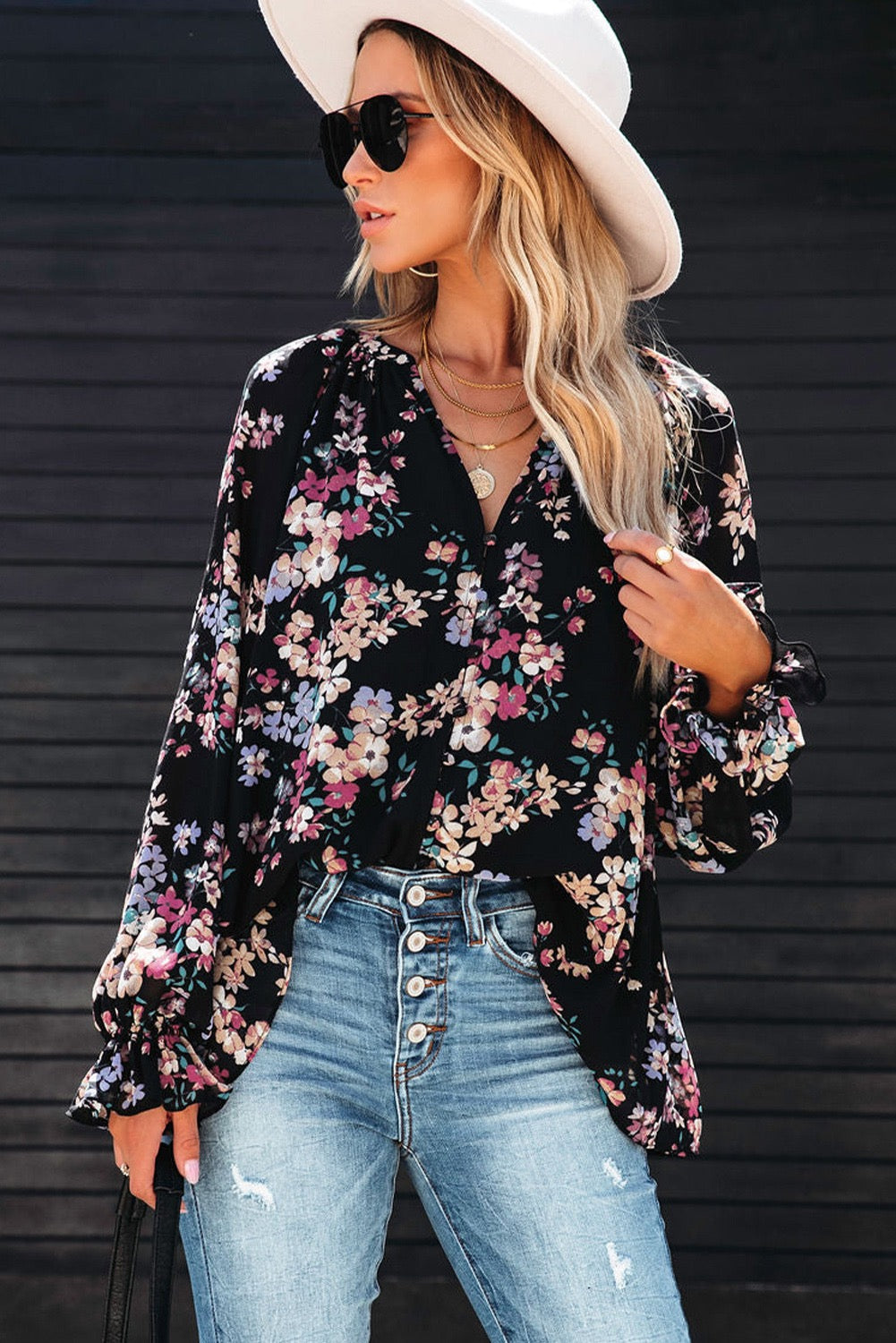 Black floral long sleeve blouse