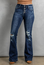 Load image into Gallery viewer, Dark wash distressed flare bottom jeans
