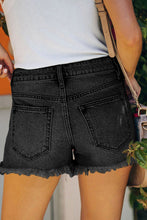 Load image into Gallery viewer, Black distressed denim shorts
