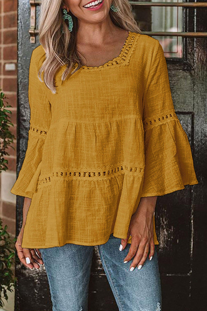 Mustard Crochet Flared 3/4 sleeve blouse