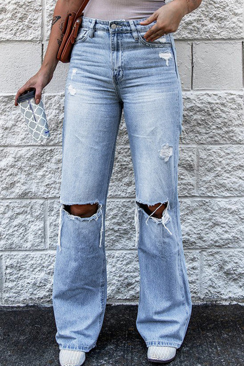 Light blue wide legs high waisted distressed jeans