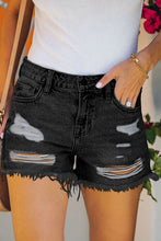 Load image into Gallery viewer, Black distressed denim shorts
