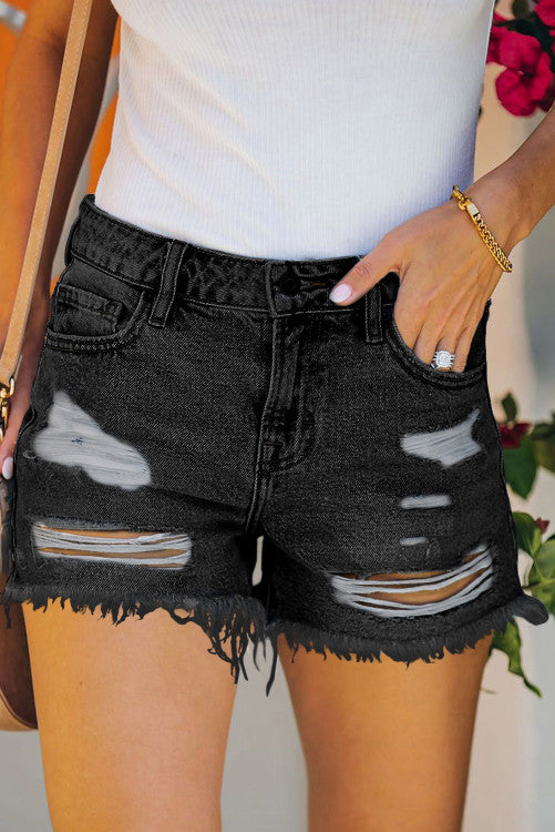 Black distressed denim shorts