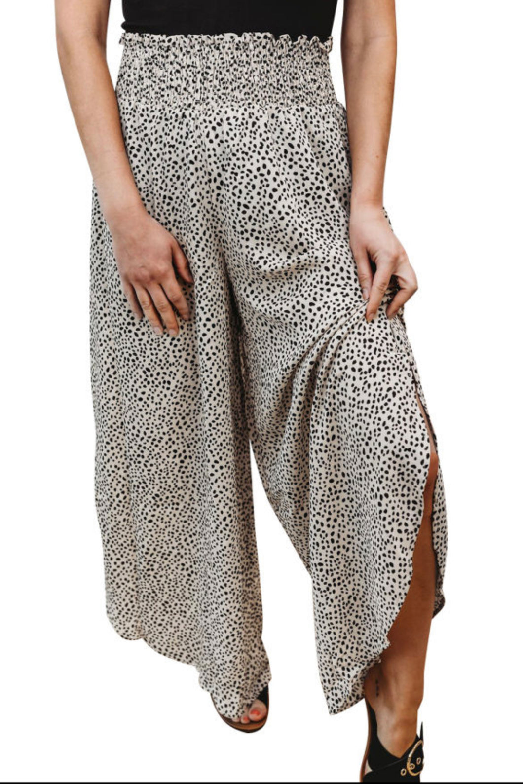 Leopard print smocked high waist flare pants