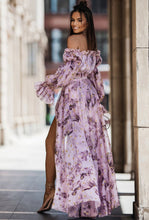 Load image into Gallery viewer, Purple floral off the shoulder maxi dress
