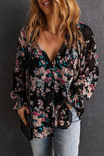 Load image into Gallery viewer, Black floral long sleeve blouse
